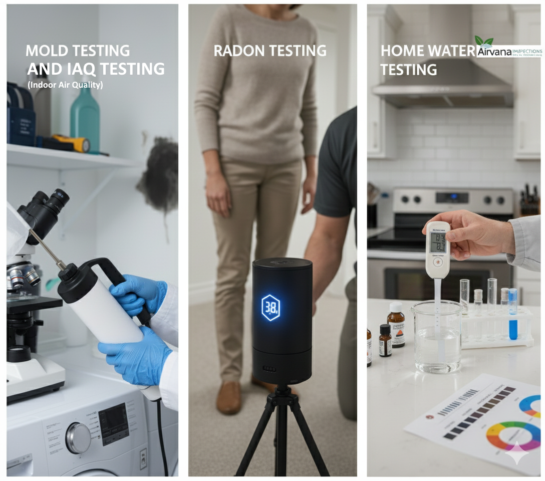 Images showing mold, radon, and air quality testing instruments